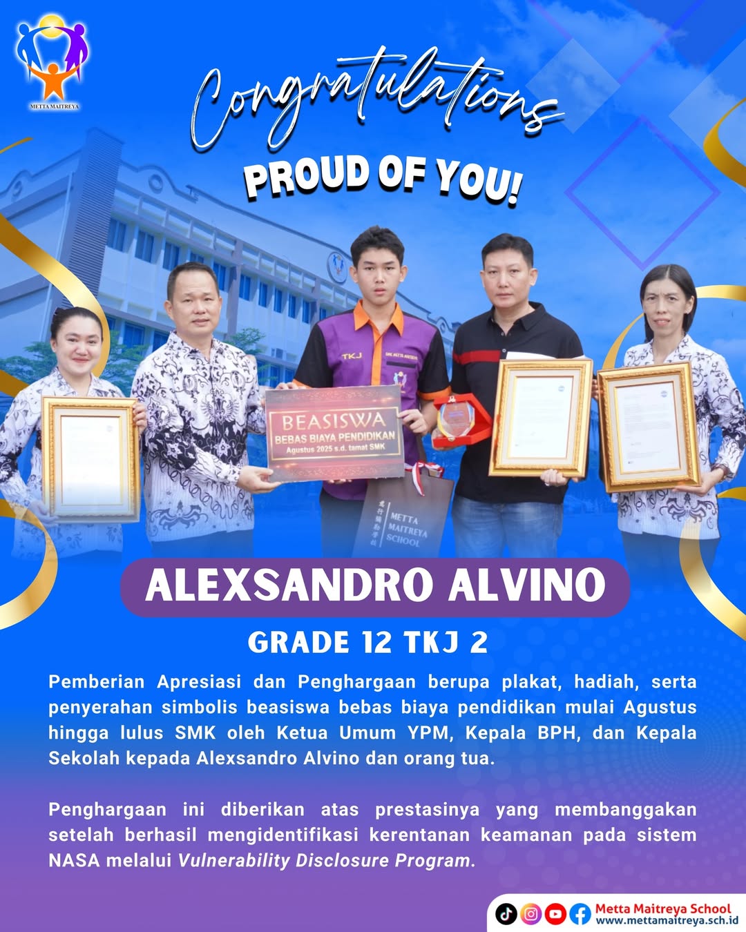 Award of Appreciation and Symbolic Award of a tuition-free scholarship to Alexsandro Alvino For Identifying Security Vulnerabilities In NASA Systems